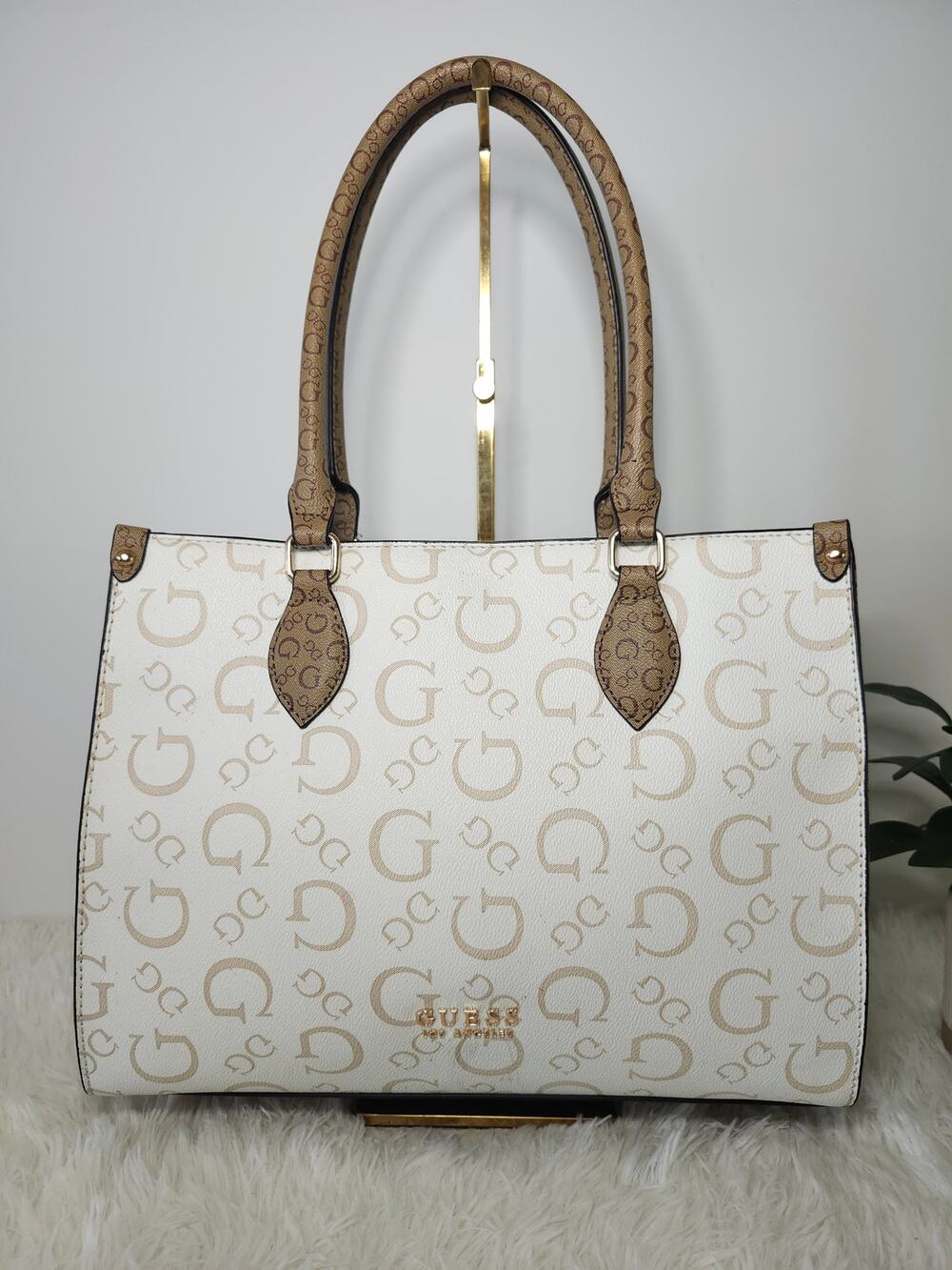 Guess Tote Bag Women's Cream Brown Gold Tone Preppy Classic Monogram Logo